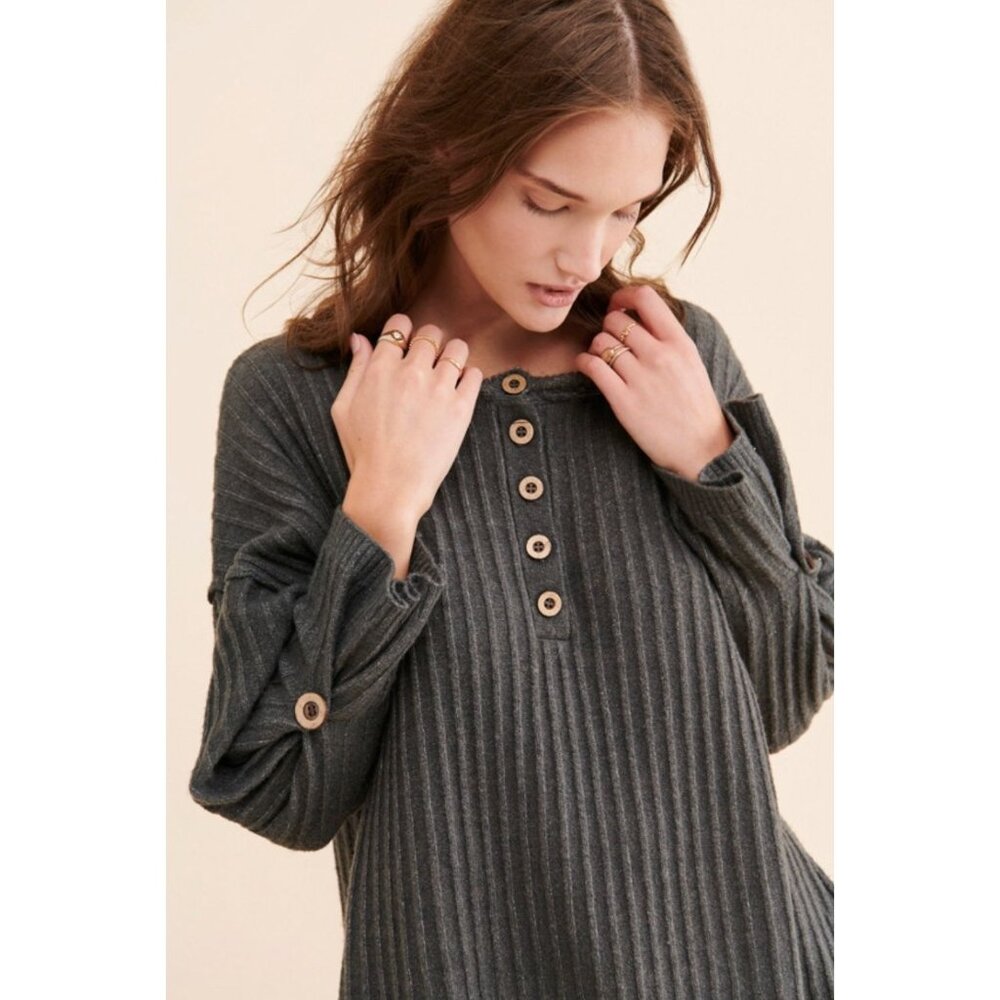 Intimately Free People Gray Ribbed Knit Tunic Sweater Button Accents Long Sleeve
